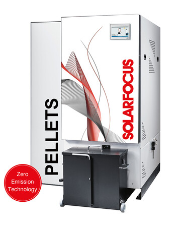 Pelletboiler from Solarfocus with red circle of zero emission 