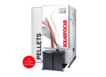 Chaudière à granulés avec cercle rouge zéro émission